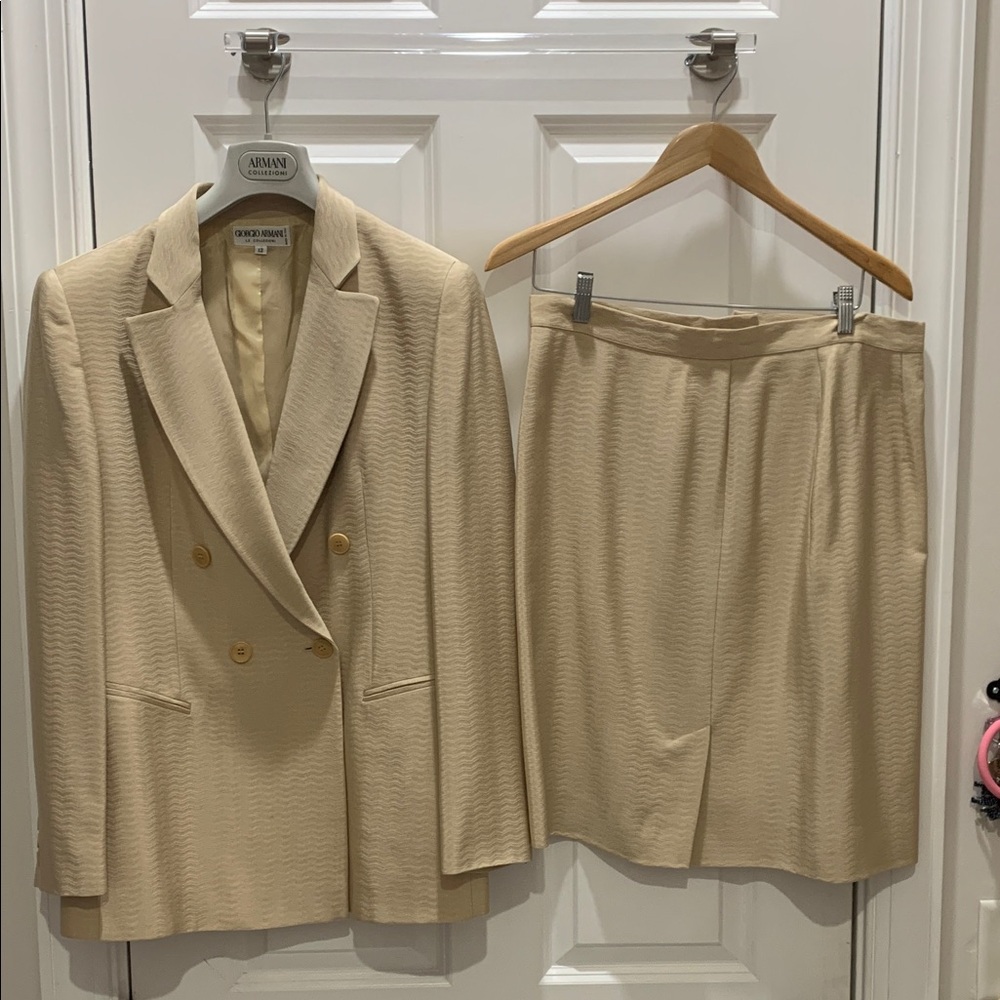 Giorgio Armani Cream Double-Breasted Blazer and Skirt Set